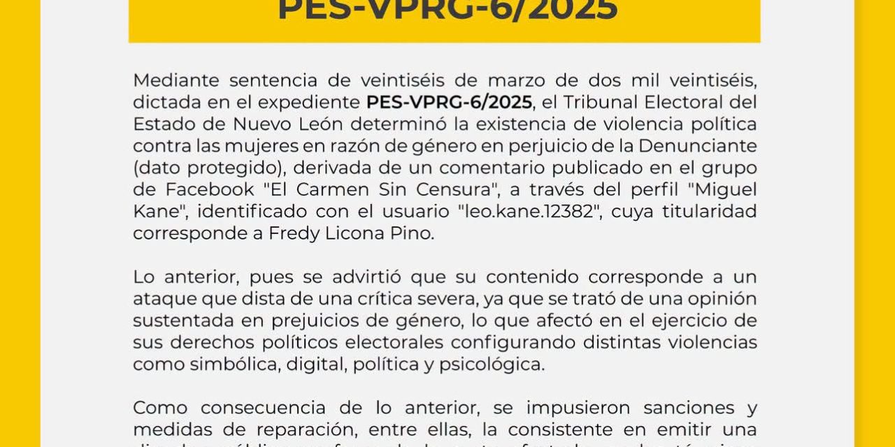 TEENL ORDENA PUBLICAR AVISO POR CASO DE VIOLENCIA POLÍTICA DE GÉNERO