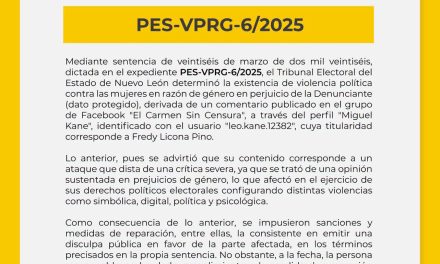 TEENL ORDENA PUBLICAR AVISO POR CASO DE VIOLENCIA POLÍTICA DE GÉNERO