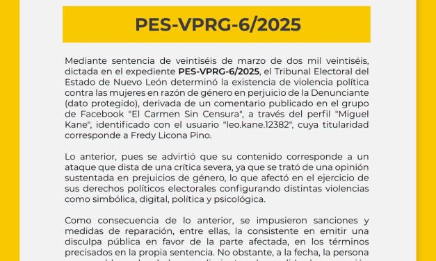 TEENL ORDENA PUBLICAR AVISO POR CASO DE VIOLENCIA POLÍTICA DE GÉNERO