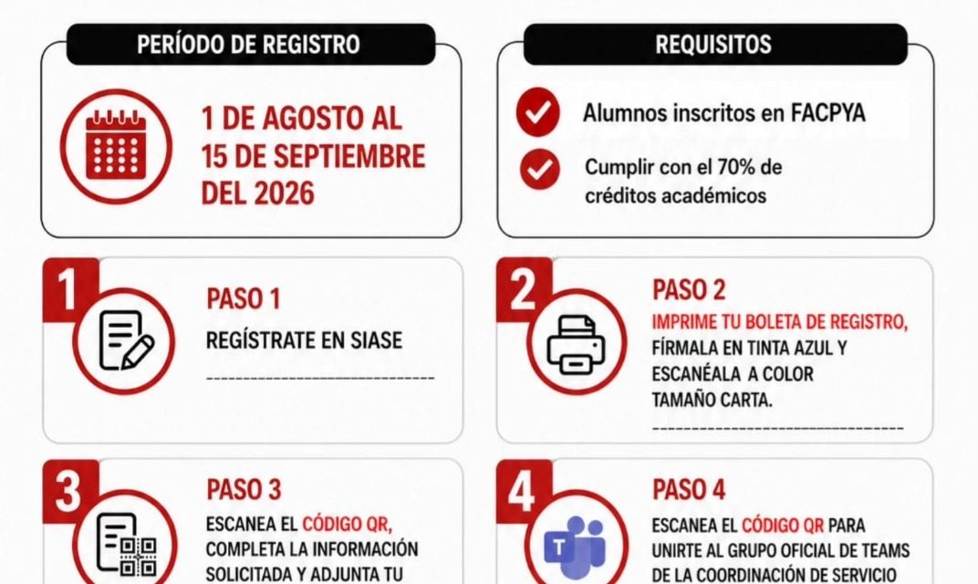 FACPYA INVITA A ESTUDIANTES A REALIZAR SU REGISTRO PARA EL SERVICIO SOCIAL 2026